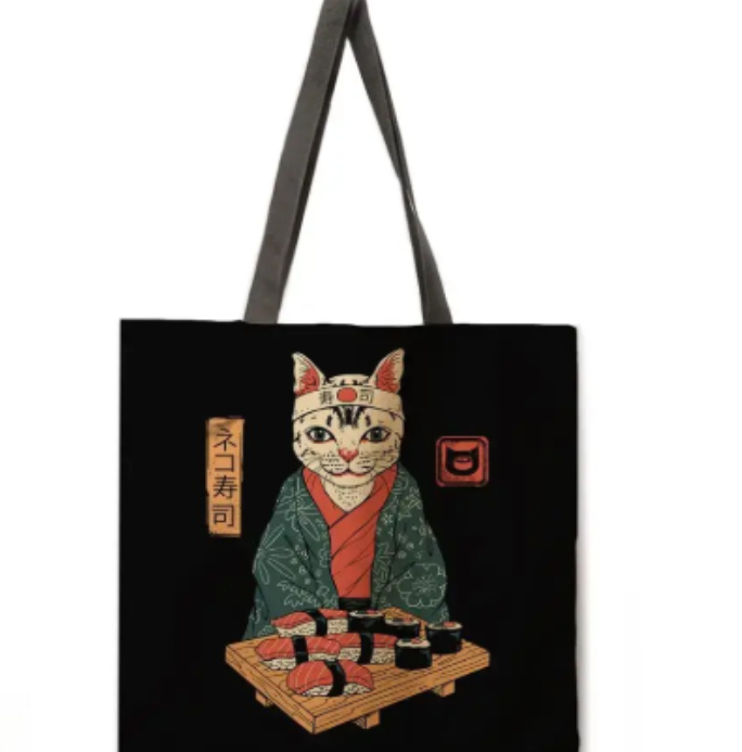 Tote Bag Canvas Print - Cute Cat Tote Bag Japanese Sushi