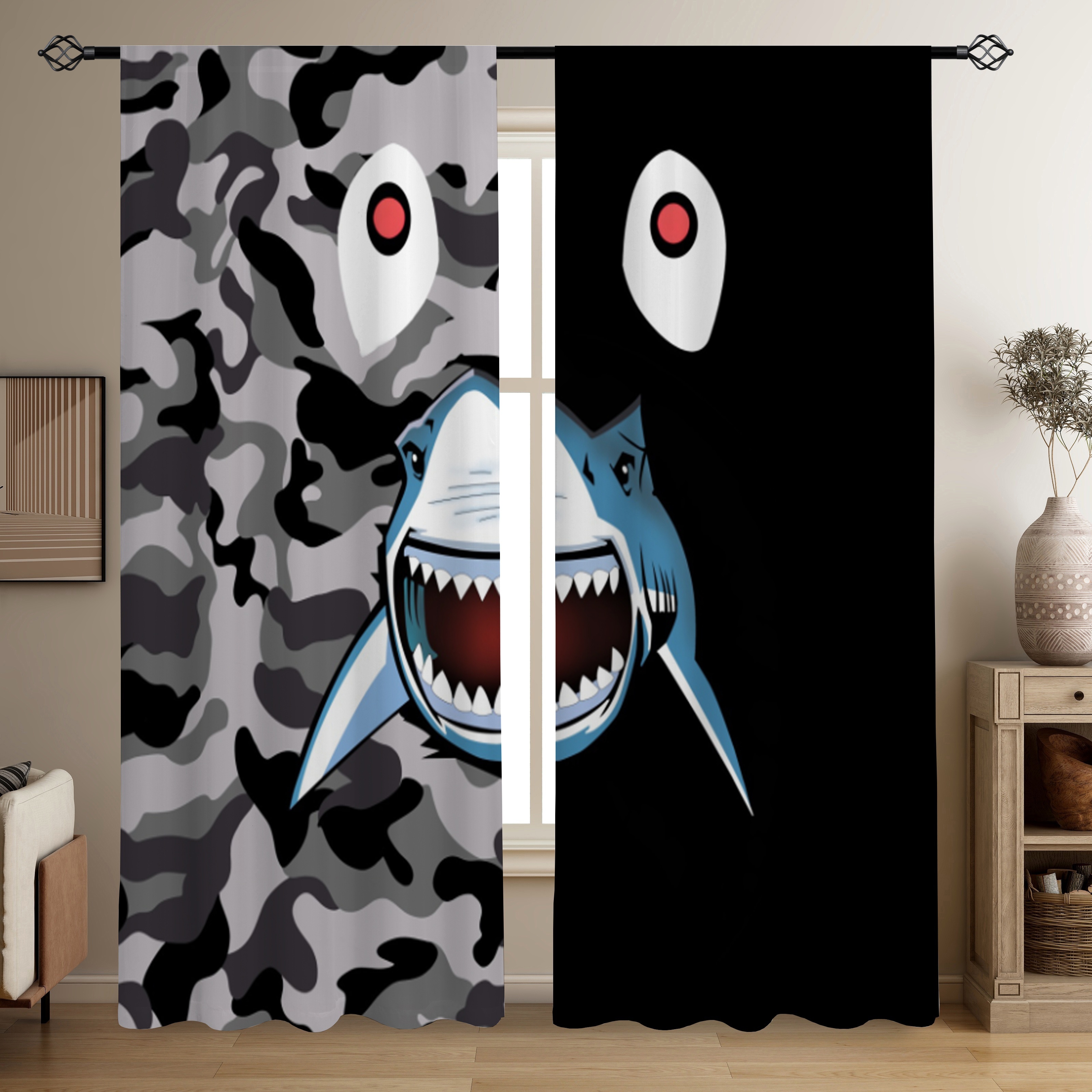 Camo Pattern Set - Camo and Shark Pattern Curtains Set
