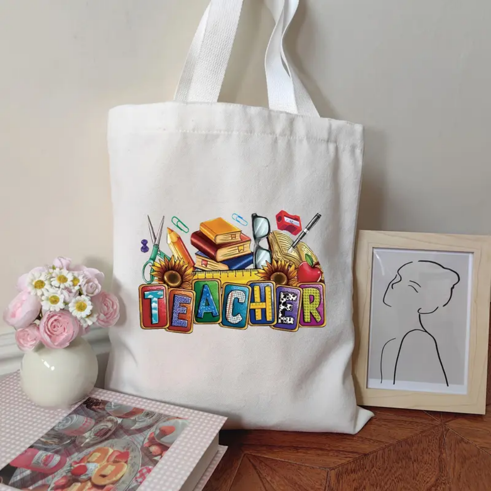 Tote Bag Canvas Print - Color Block Teacher Letter With School
