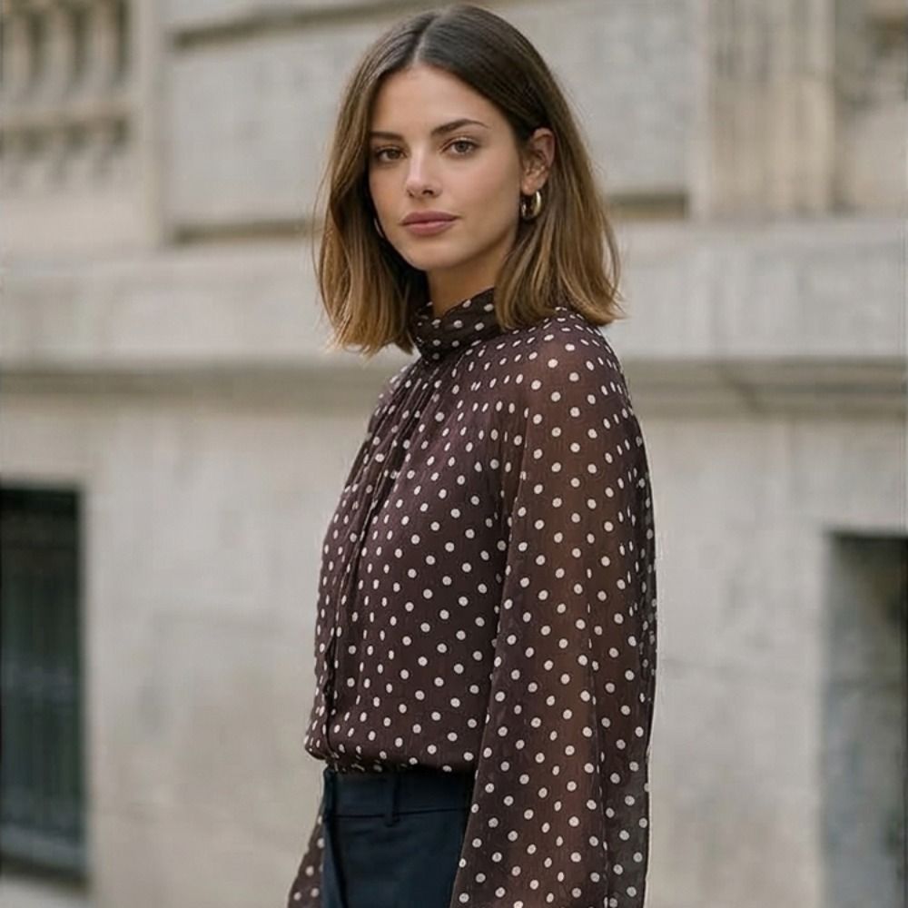 Long Sleeve Dots Printed Blous - Street Fashion Necklace avis et prix