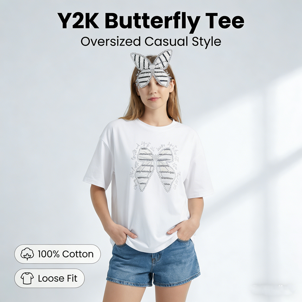 Women's Butterfly Embroidery R - Longline Tee Oversized avis et prix