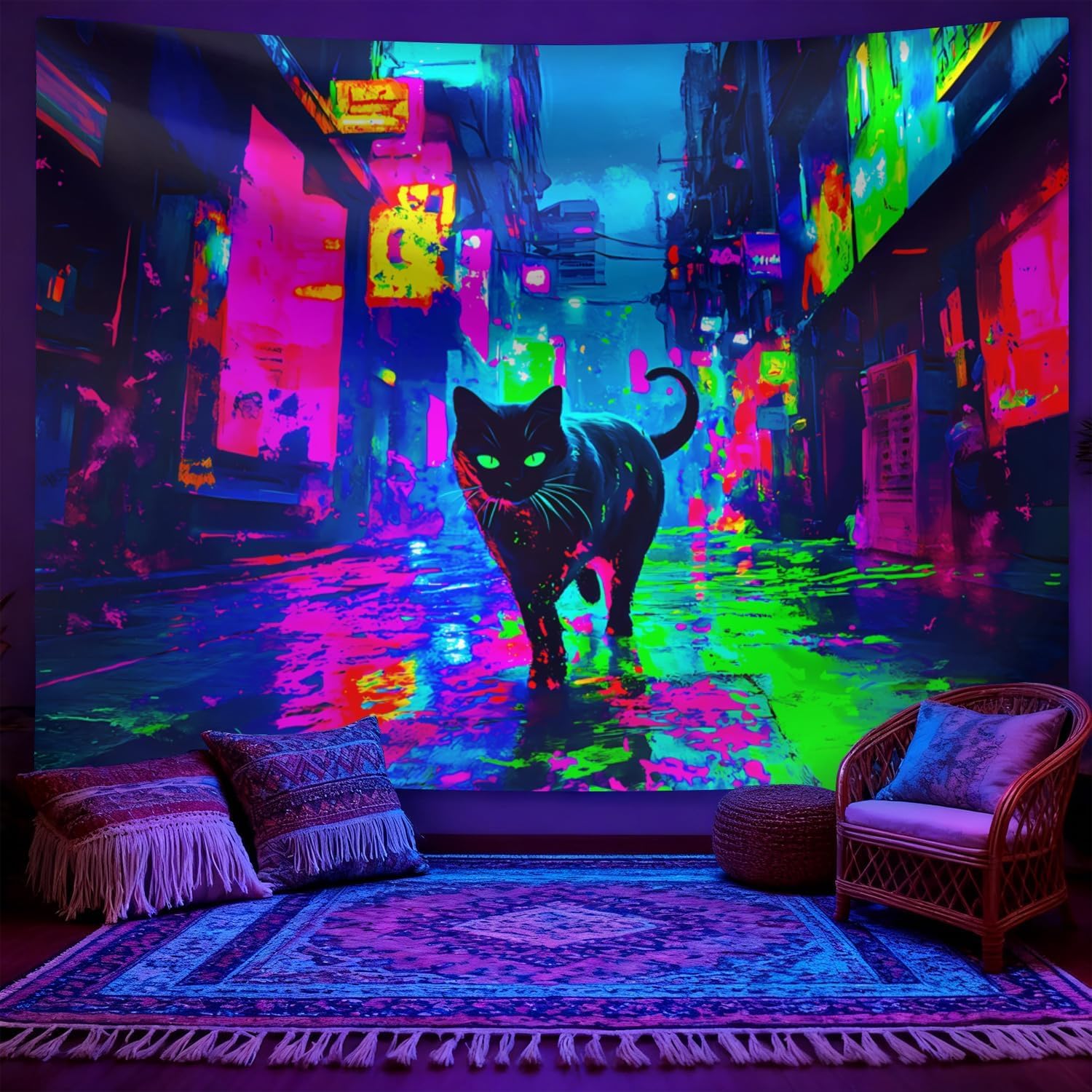 Cyberpunk Neon Cat Wall Tapest - Street Fashion Poster avis et prix