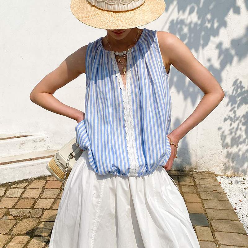 Summer Blue White Striped Blou - Street Fashion Necklace avis et prix