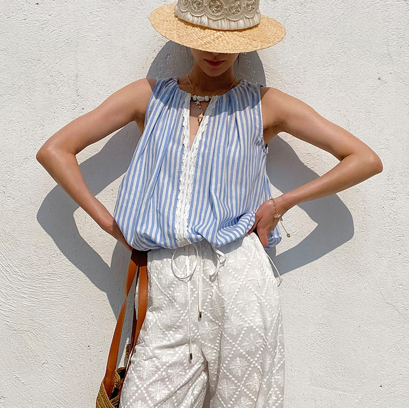 Summer Blue White Striped Blou - Street Fashion Necklace avis et prix