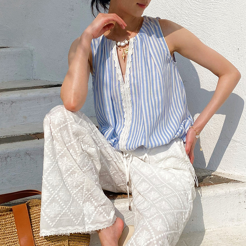 Summer Blue White Striped Blou - Street Fashion Necklace avis et prix