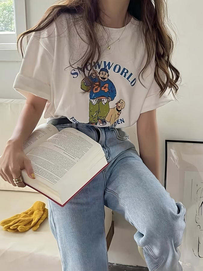 Y2K Cartoon Character & Dog Pr - Longline Tee Oversized avis et prix